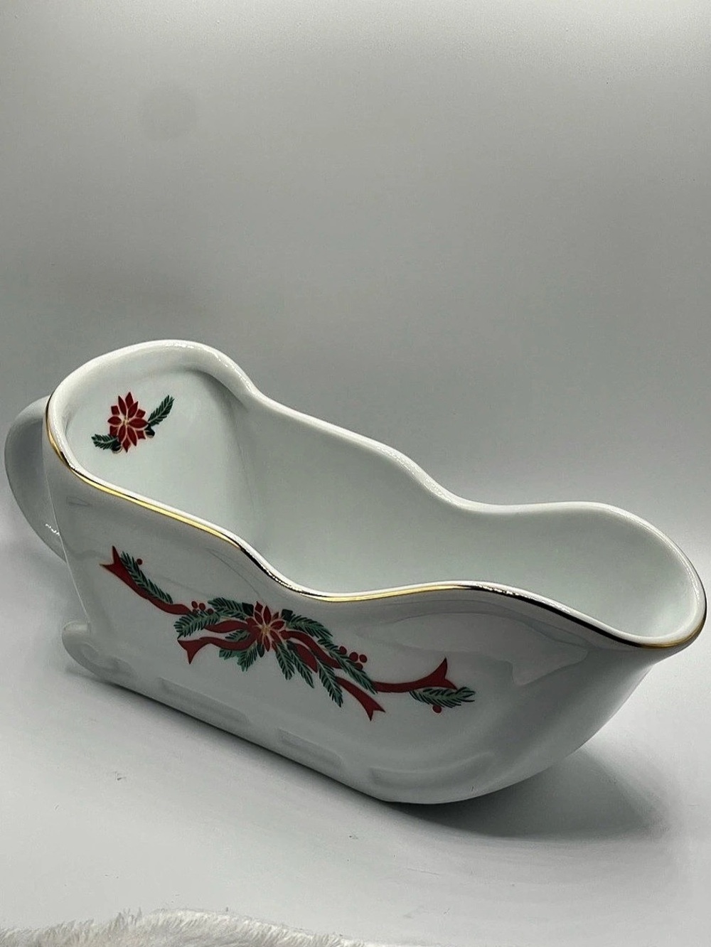 Vintage Tienshan Fine China  “Poinsettia & Ribbons” Christmas Sleigh Gravy Boat